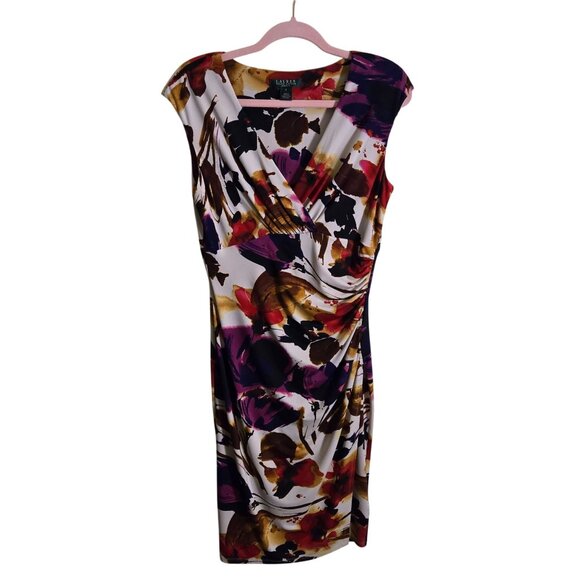 Lauren Ralph Lauren Floral Cap Sleeve Faux Wrap Ruched Wiggle Midi Dress Size 8 - Picture 2 of 6